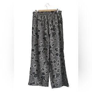 Linen Blend Wide Leg Pants Floral Black Cream Pull On Pockets Women M